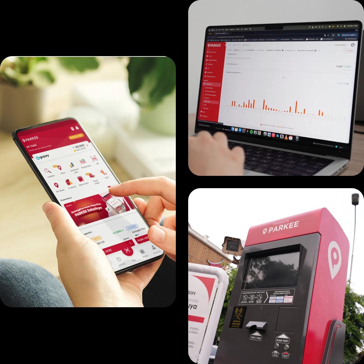 handphone, laptop, parking gate